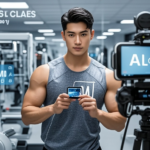 a man holding a small device in front of a camera